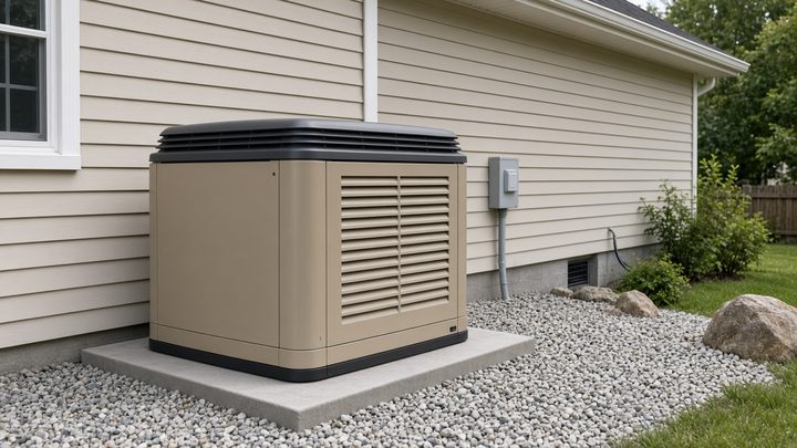 Whole-house standby generator installed beside a residential home