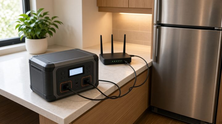 Portable LiFePO4 battery power station running a kitchen refrigerator and router