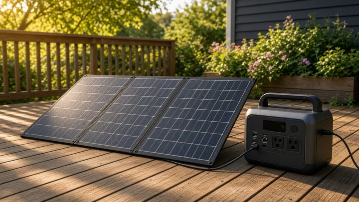 Foldable portable solar panels charging a battery generator on a sunny deck